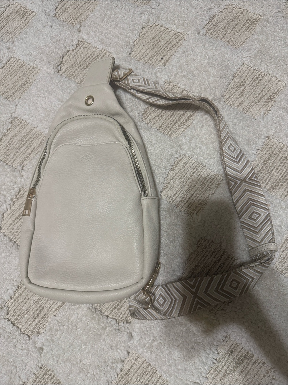 Neutral Cream Crossbody Sling Bag with Patterned Strap